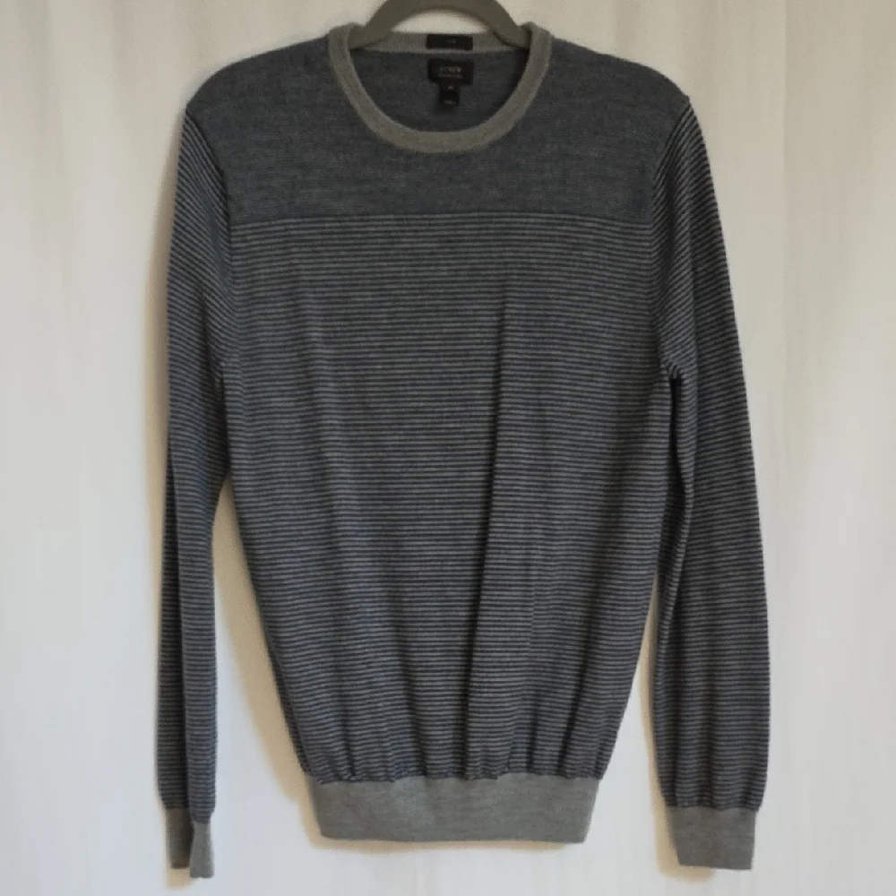 J. Crew Blue & Gray Stripe Merino Wool Mens Sweater. Size Medium